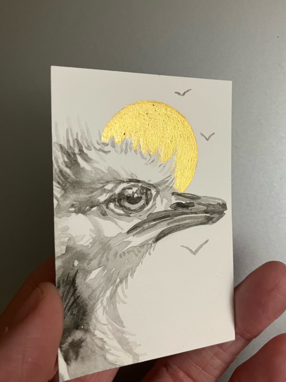 ORIGINAL ostrich Africa bird painting sumi-e mini ink art gold accent artwork